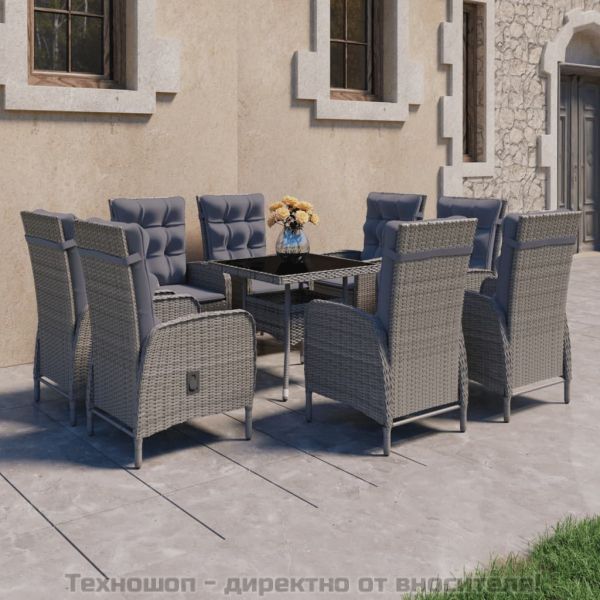 Градински трапезен комплект, 9 части, полиратан и стъкло, сив