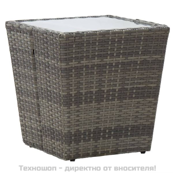 Градински бистро комплект, 3 части, полиратан и стъкло, сив