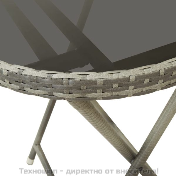 Градински бистро комплект, 3 части, полиратан и стъкло, сив