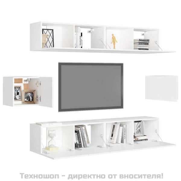 Комплект ТВ шкафове от 6 части, бял, инженерно дърво