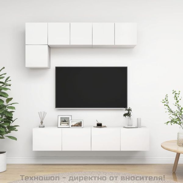 Комплект ТВ шкафове от 5 части, бял, инженерно дърво