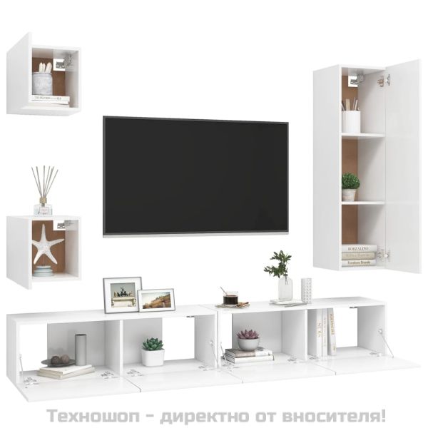 Комплект ТВ шкафове от 5 части, бял, инженерно дърво