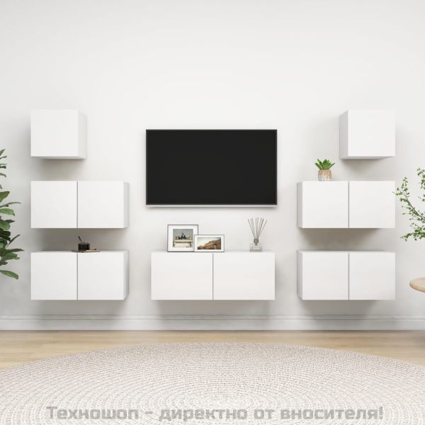 Комплект ТВ шкафове от 7 части, бял, инженерно дърво