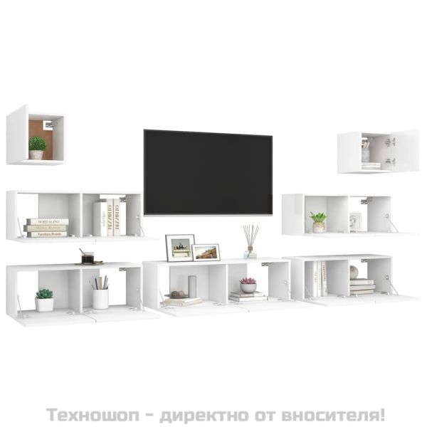 Комплект ТВ шкафове от 7 части, бял, инженерно дърво