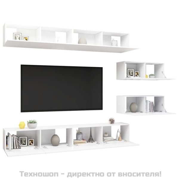 Комплект ТВ шкафове от 6 части, бял, инженерно дърво