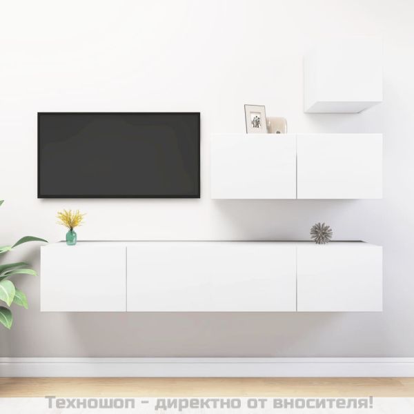 Комплект ТВ шкафове от 4 части, бял, инженерно дърво