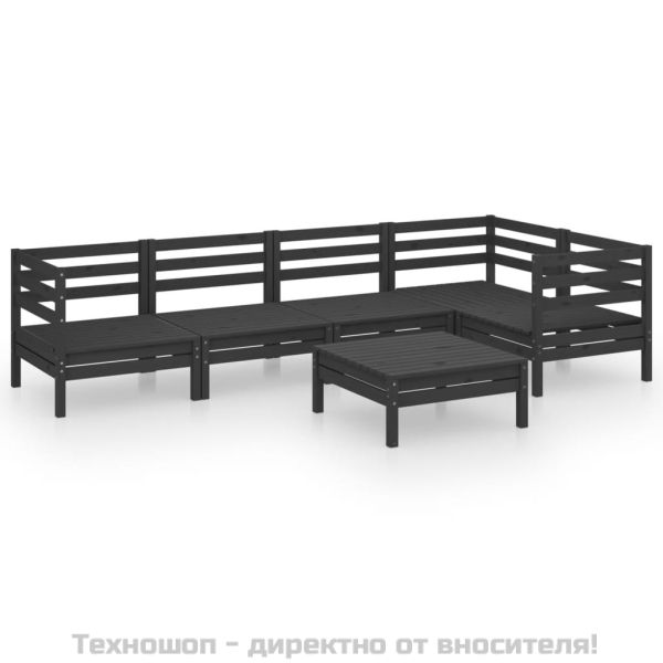 Градински лаундж комплект, 6 части, бор масив, черен