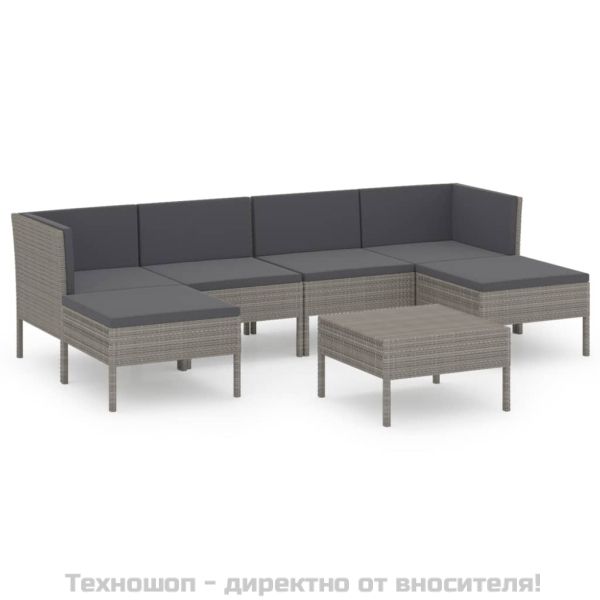 Градински лаундж комплект с възглавници 7 части полиратан сив