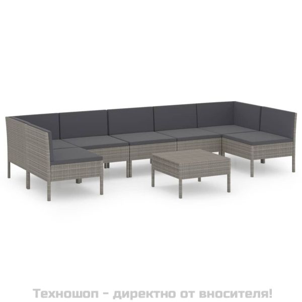 Градински лаундж комплект с възглавници 8 части полиратан сив
