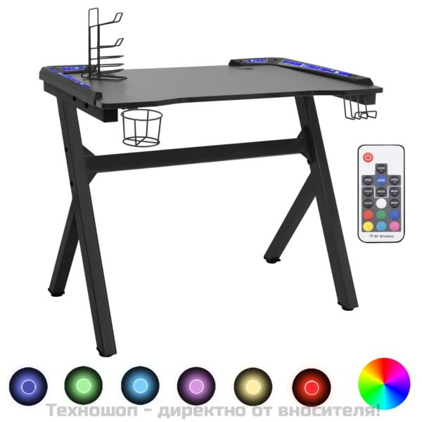 Гейминг бюро LED с Y-образни крака, черно, 90x60x75 см