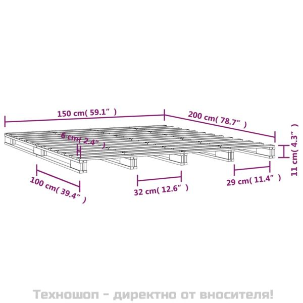 Легло от палети, сиво, 150x200 cм, бор масив, King Size