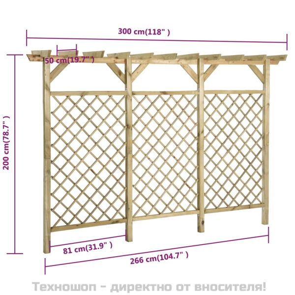 Градинска решетъчна ограда с покрив-пергола, 300x50x200 см, бор