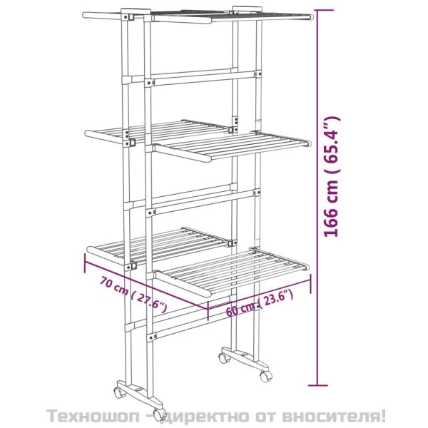 Триетажен сушилник за дрехи с колелца, сребрист, 60x70x129 см