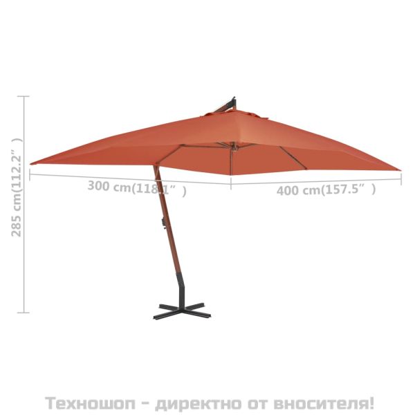 Конзолен градински чадър с дървен прът, 400x300 см, теракота
