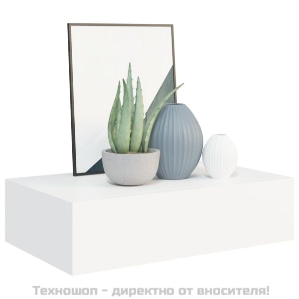 Стенен рафт с чекмедже, бял, 40x23,5x10 см, МДФ