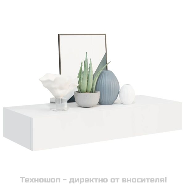 Стенен рафт с чекмедже, бял, 60x23,5x10 см, МДФ