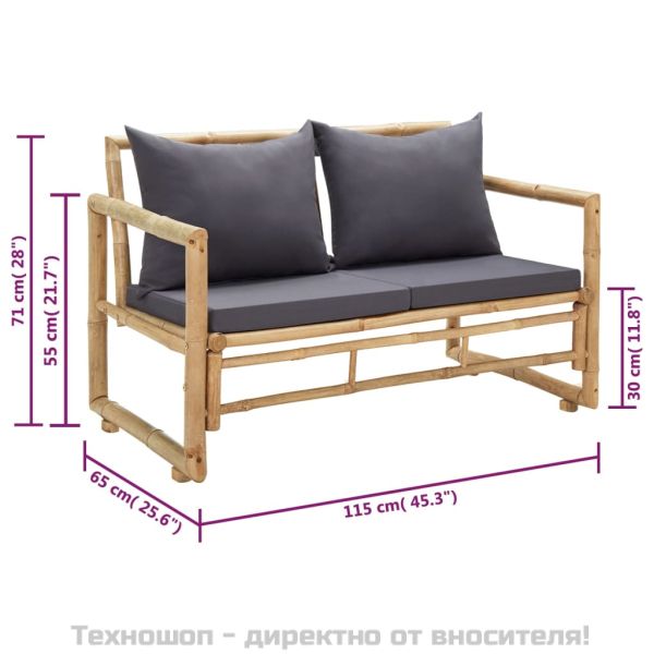Градинска пейка с възглавници, 115 см, бамбук