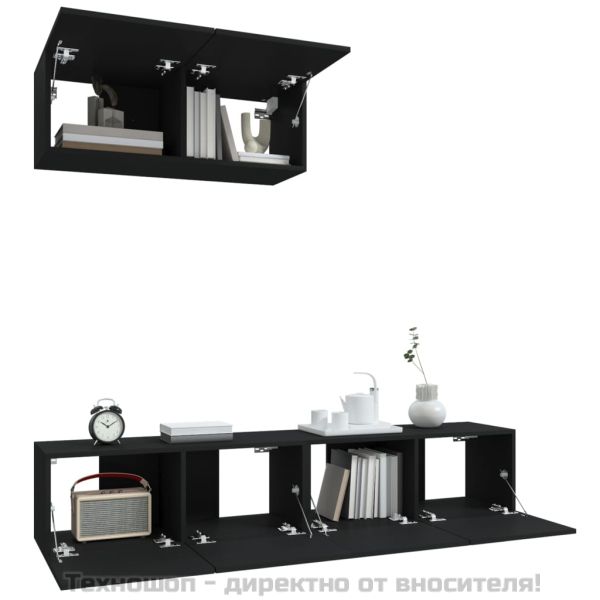 Комплект ТВ шкафове от 3 части, черен, инженерно дърво