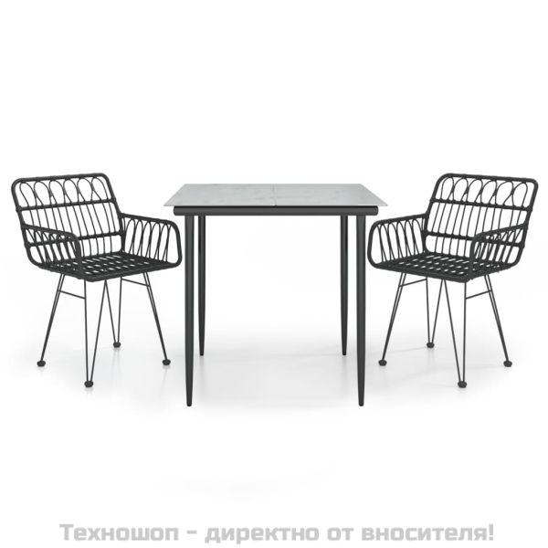 Градински трапезен комплект, 3 части, черен, полиратан