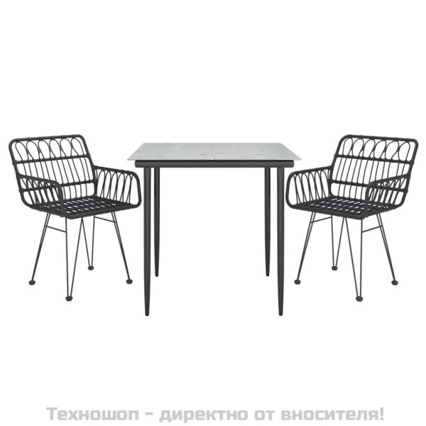 Градински трапезен комплект, 3 части, черен, полиратан