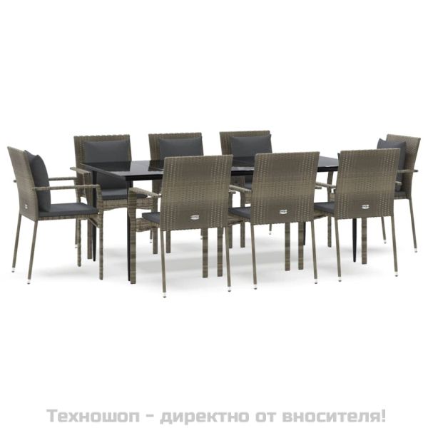 Градински трапезен комплект 9 части с възглавници сив полиратан