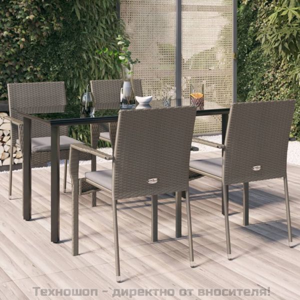 Градински трапезен комплект 5 части с възглавници сив полиратан