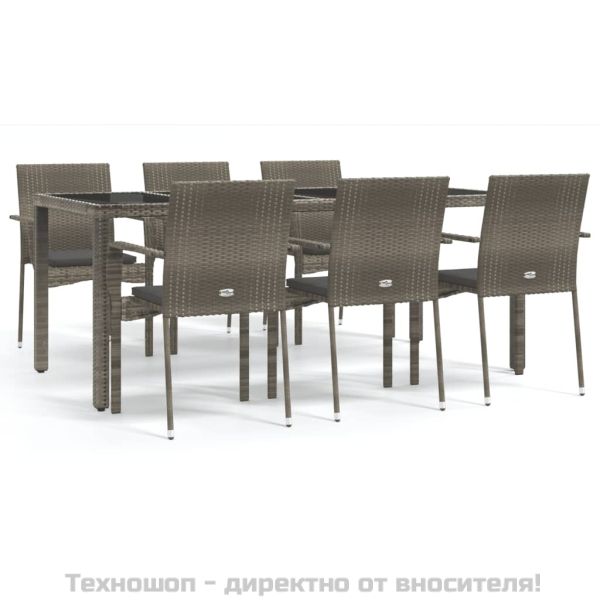 Градински трапезен комплект 7 части с възглавници сив полиратан