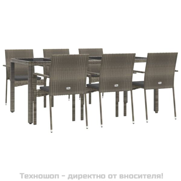 Градински трапезен комплект 7 части с възглавници сив полиратан