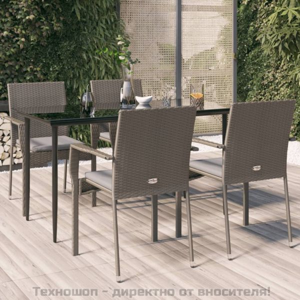 Градински трапезен комплект 5 части с възглавници сив полиратан