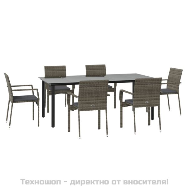 Градински трапезен комплект 7 части с възглавници сив полиратан