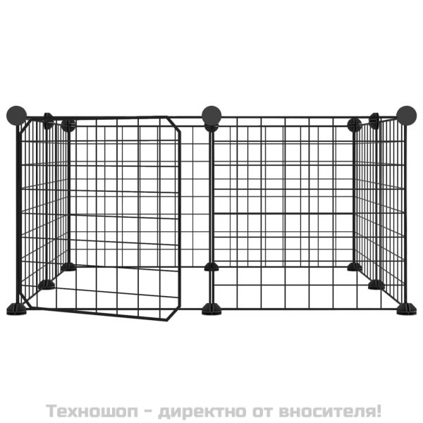 8-панелен кът за домашни любимци с врата, черна, 35x35 см, стомана