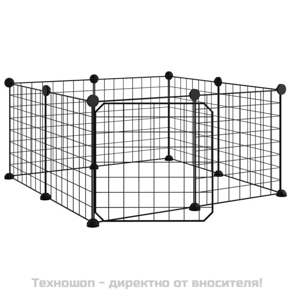 8-панелен кът за домашни любимци с врата, черна, 35x35 см, стомана