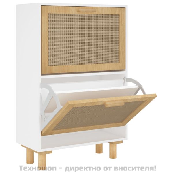 Шкаф за обувки бял 52x25x80 см инженерно дърво и ратан