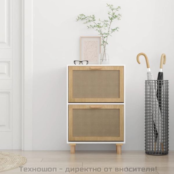 Шкаф за обувки бял 52x25x80 см инженерно дърво и ратан