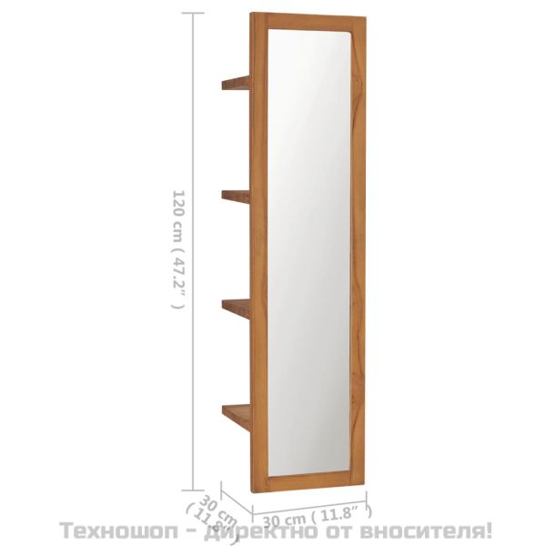 Стенно огледало с рафтове, 30x30x120 см, тиково дърво масив