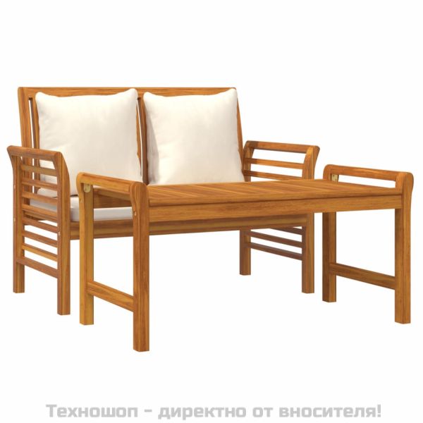 Градински лаундж комплект с кремави възглавници, 2 части, масив