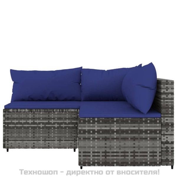 Градински лаундж комплект с възглавници 3 части сив полиратан