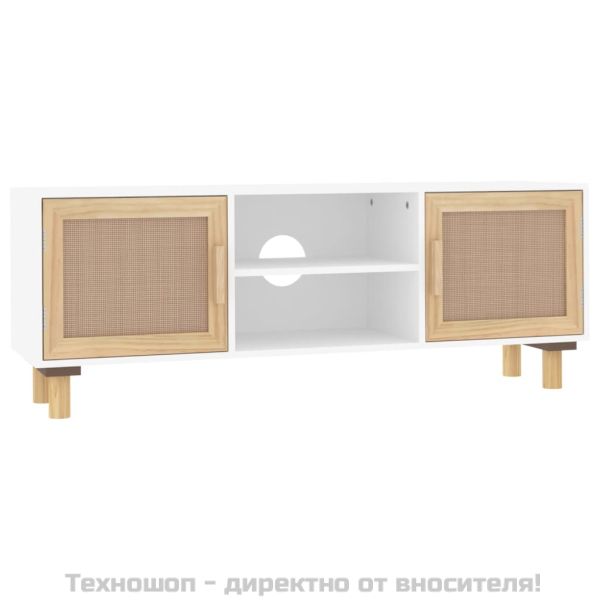 ТВ шкаф, бял, 105x30x40 см, бор масив и естествен ратан