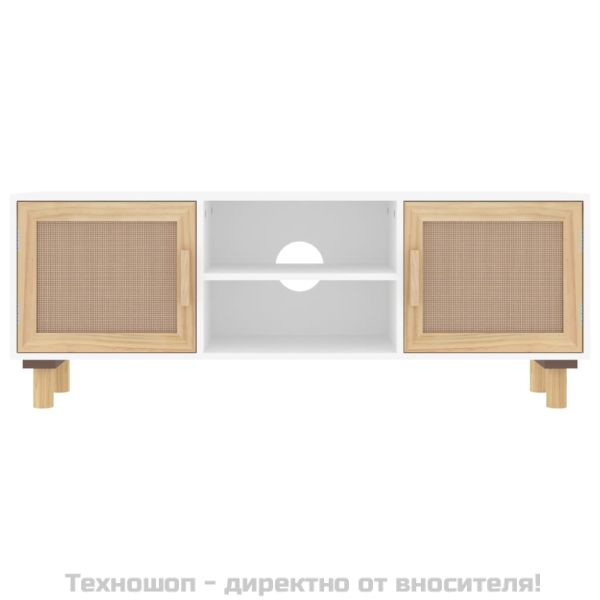 ТВ шкаф, бял, 105x30x40 см, бор масив и естествен ратан