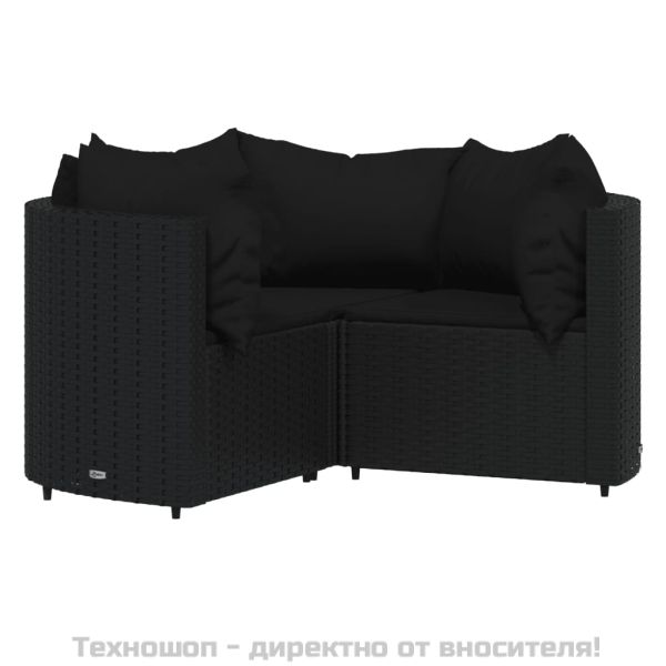 Градински лаундж комплект с възглавници 4 части черен полиратан