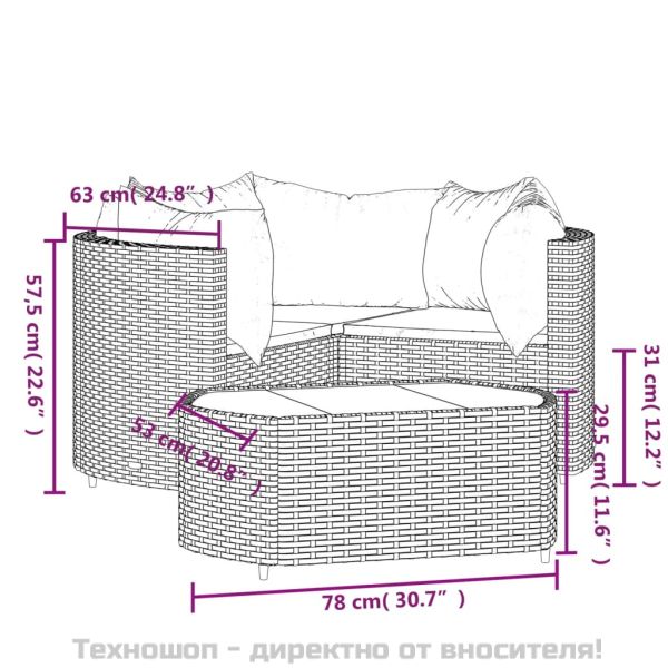 Градински лаундж комплект с възглавници 4 части черен полиратан