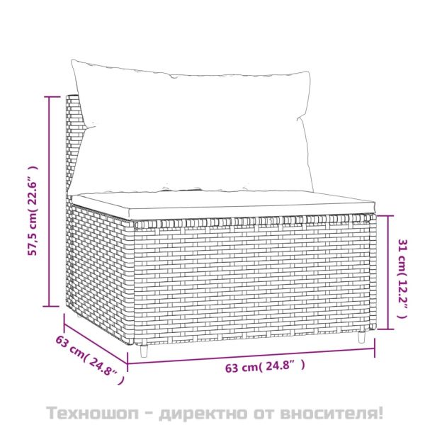 Градински среден диван с възглавници, сив, полиратан