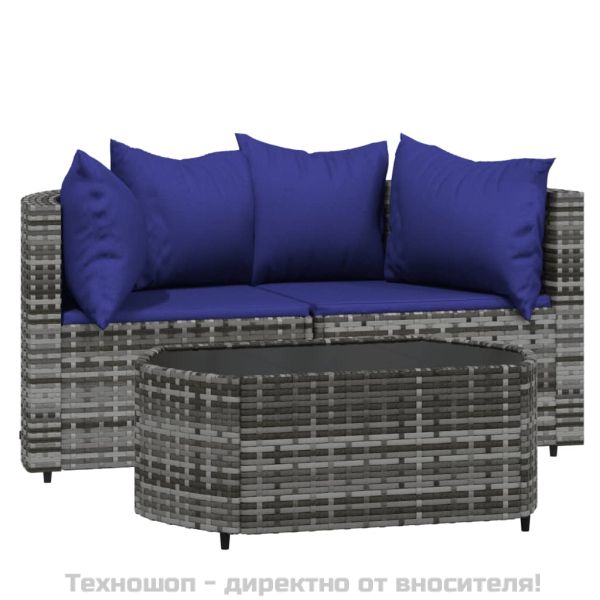 Градински лаундж комплект с възглавници 3 части сив полиратан