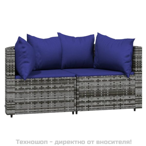 Градински лаундж комплект с възглавници 3 части сив полиратан