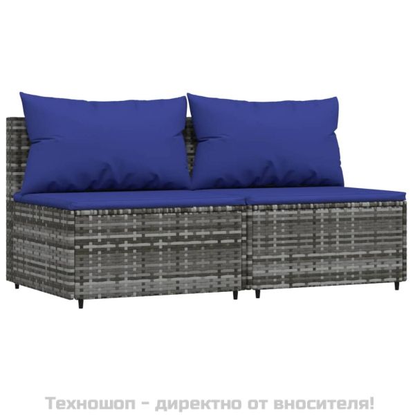 Градински лаундж комплект с възглавници 3 части сив полиратан