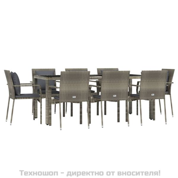 Градински трапезен комплект 9 части с възглавници сив полиратан