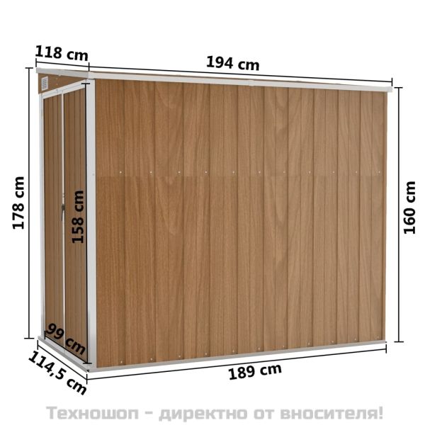 Градинска барака за стенен монтаж кафява 118x194x178 см стомана