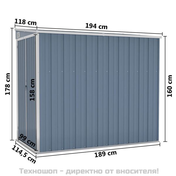 Градинска барака за стенен монтаж сива 118x194x178 см стомана