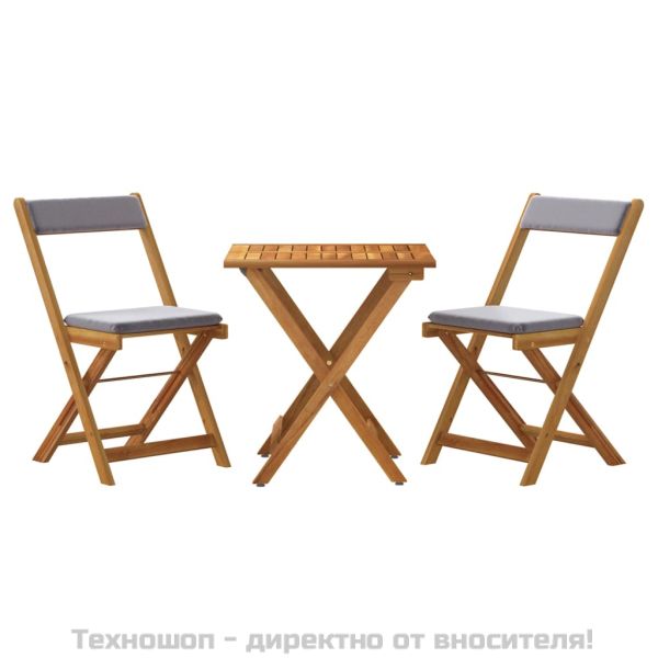 Сгъваем бистро комплект, 3 части, с възглавници, акация масив