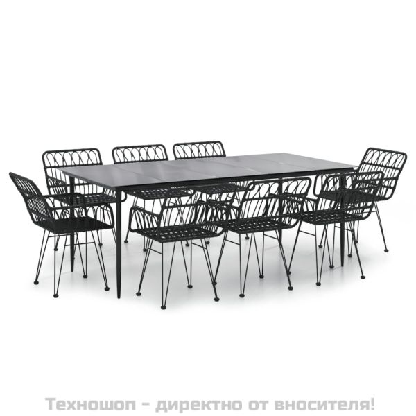 Градински трапезен комплект, 9 части, черен, полиратан